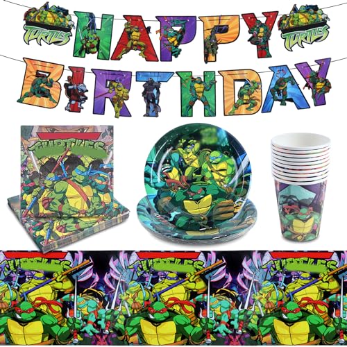 Ruenie 42 Pcs Vajillas Turtles para Fiesta Infantil - Platos, Vasos, Mantel, Servilletas, Banner Happy Birthday - Decoración Cumpleaños
