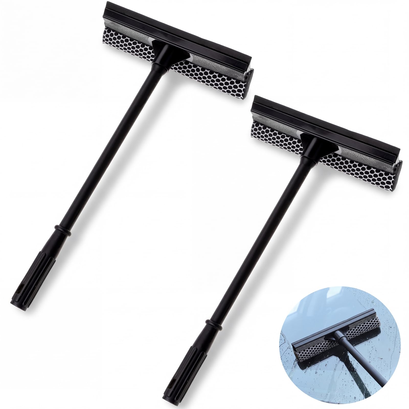 Zhengmy 2 escobillas de ventana de 15.8 pulgadas con mango largo para coche, herramienta de limpieza de ventanas de automóvil 2 en 1, esponja para gasolinera, hogar, automóvil, vidrio, ducha, limpieza