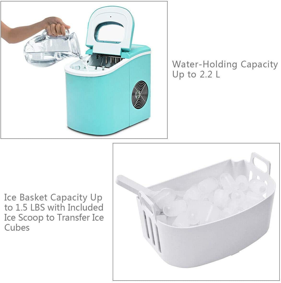 Portable controsoffitto Macchina elettrica Ice Maker, 33 libbre in 24 Ore, 9 Ice Cubes Pronti in 6 Minuti, l'Home Mini Macchina del Ghiaccio con Ghiaccio Scoop e Basket