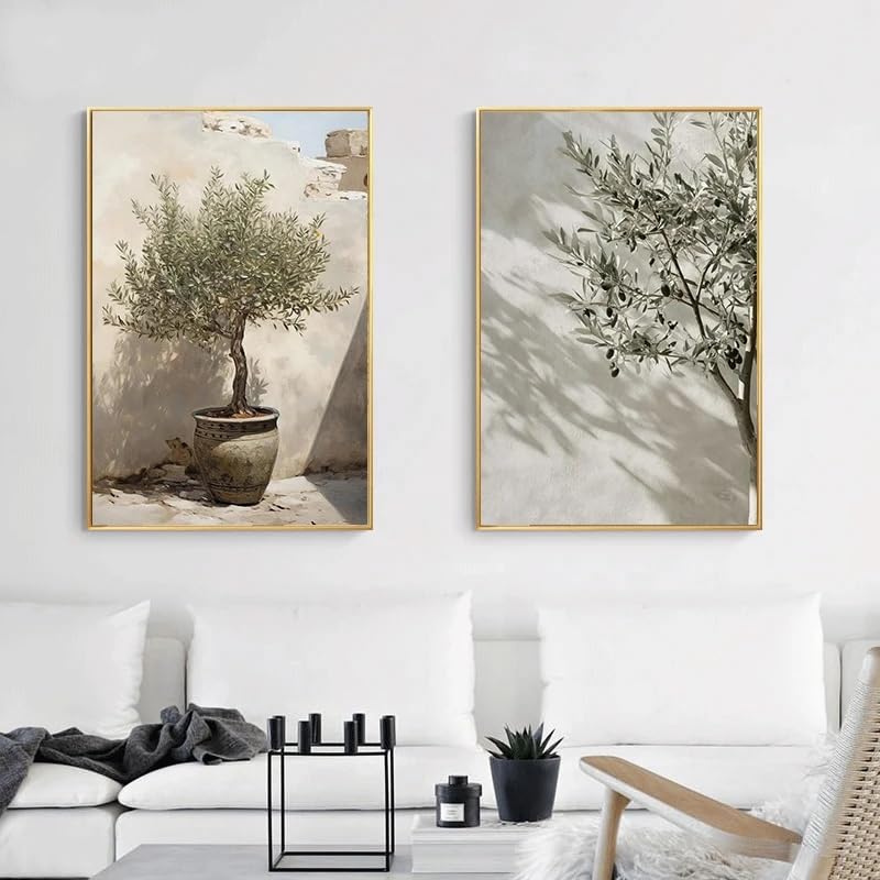 LTjiajuypd Quadro su tela con paesaggio mediterraneo naturale, cortile in stile retrò e ulivi, ideale per la decorazione di pareti di casa (70x100 cm - 2 pezzi)