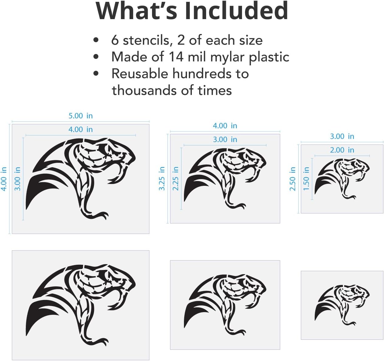 Stencil Stop Fanged Viper Stencil - Reusable for DIY Projects, Painting, Drawing, Crafts - 14 Mil Mylar Plastic (6 Pack (2", 3", and 4", 2 Each))