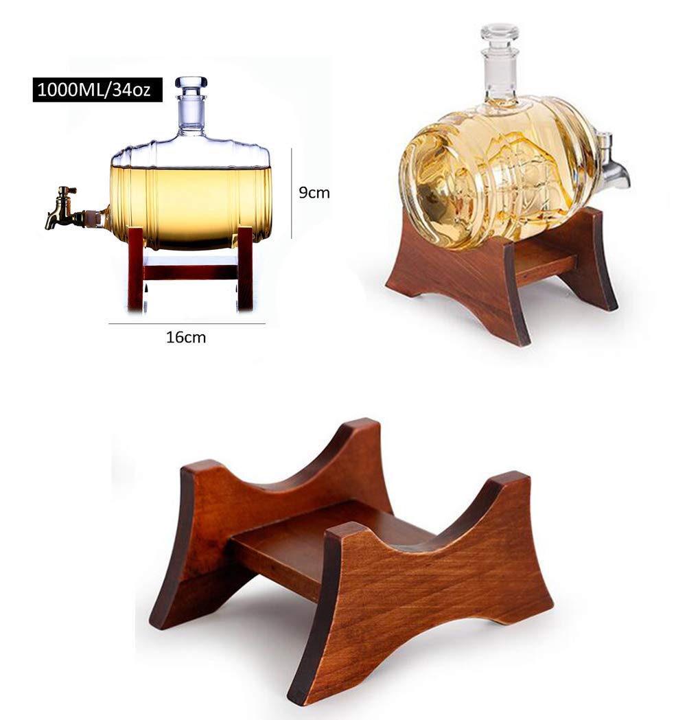 zaizai Carafe À Whisky en Baril avec Bateau, Support en Bois avec Robinet Bouteille en Verre en Forme De Tonneau De Vin, Distributeur d'alcool 1000 ML