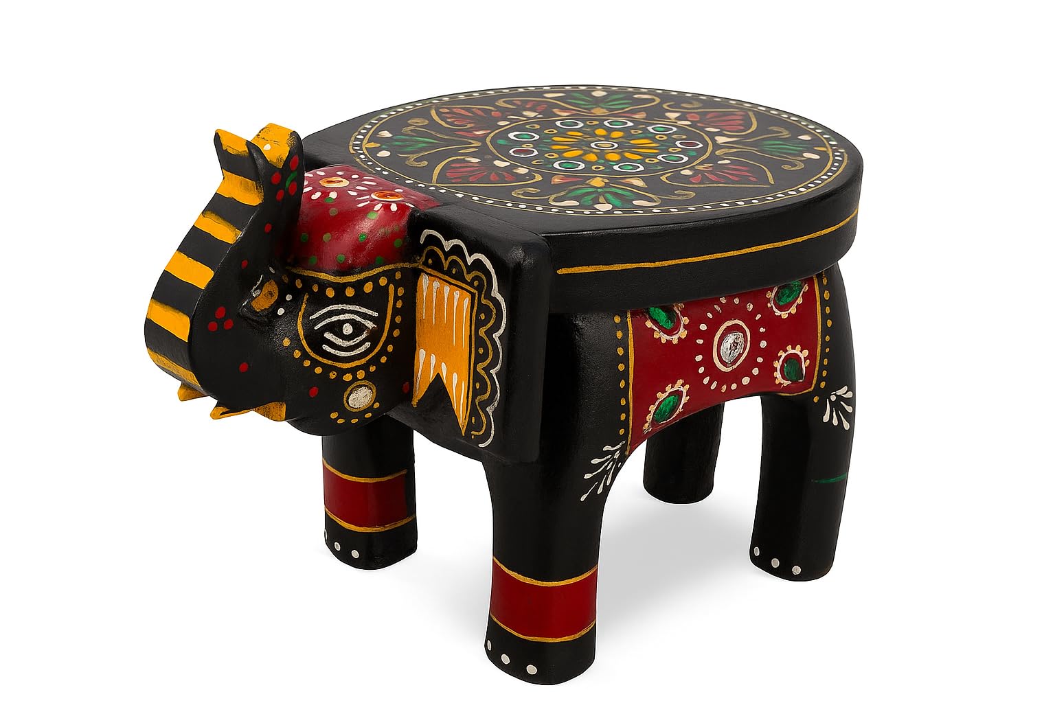 Handcrafted Wooden Elephant Stool | Rajasthani Hand-Painted Decorative Side Table for Living Room, Bedroom & Home Decor | Traditional Artisan Craft with Floral Design-image-24