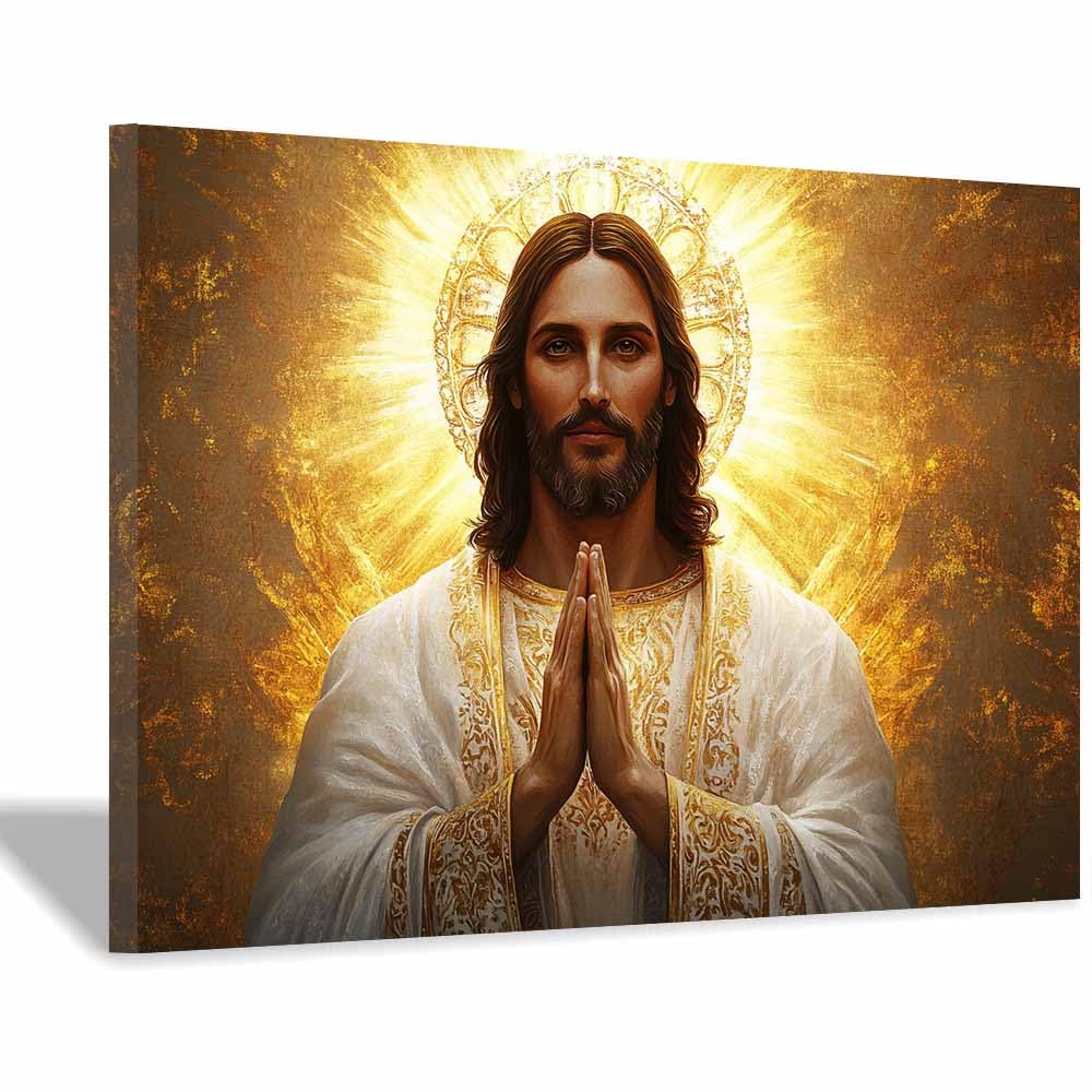 ZAMAEIU Jesus Christ Classic Painting Style Icon Prayer Religious Figure Wall Art Print,Room Decor for living room, bedroom, church, hospital(golden0)-30x50cm Framed