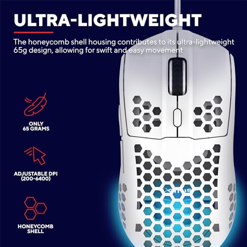 Trust Gaming GXT 928W Helox Mouse Gaming Superleggero 65g con Filo, Regolazione DPI 200-6400 Sensore Ottico, 6 Pulsanti Programmabili, Illuminazione RGB, Mouse da Gaming per PC Desktop Laptop, Bianco - Immagine 1