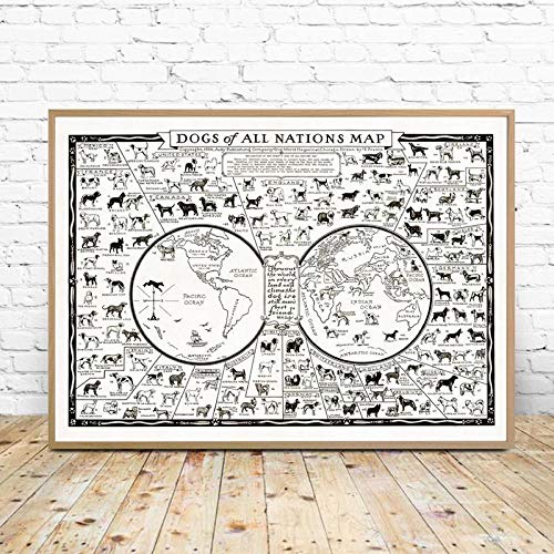 Tableau Decoration Murale Salon,Chiens De Toutes Les Nations Carte Imprime Chiens Carte Du Monde Mur Art Enfants Chiens Art Chambre Décor Chien Calendrier Carte Affiche...