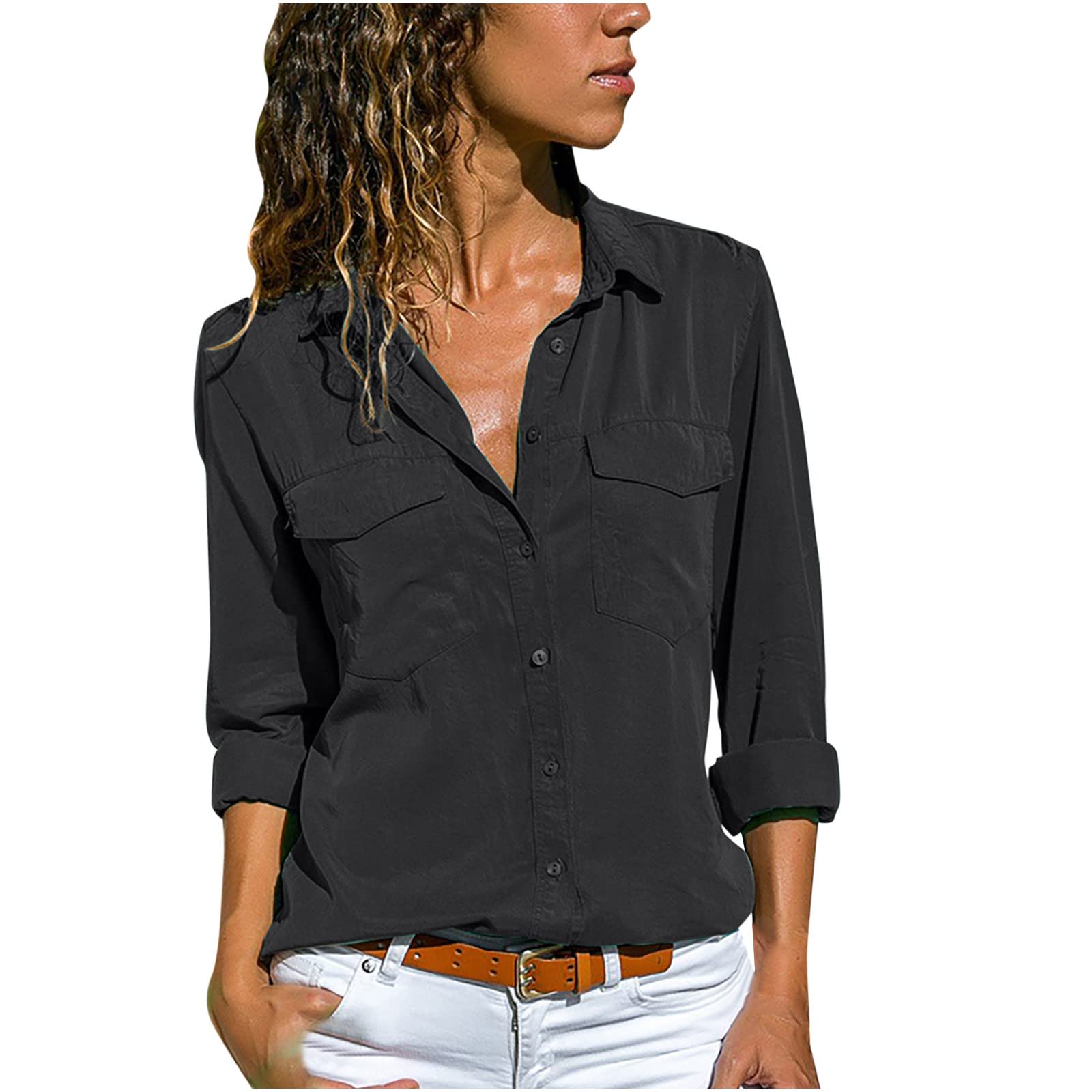 NUSGEAR 2022 Camisa de Manga Larga Mujer, Elegante Color sólido Camiseta botón Oficina Blusa Moda Cuello en V cárdigan Suelto Casual Primavera otoño Jersey Basic Fiesta cómodo Original Tops T-Shirt