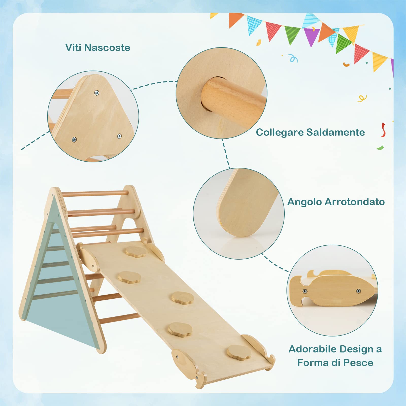 COSTWAY 3 in 1 Arrampicata Giocattolo a Triangolo per Bambini, Set di Arrampicata con Rampa di Scivolo a 2 Lati e Inclinazione Regolabile, Arrampicatore per Bambini 1 Anno+ (Naturale)