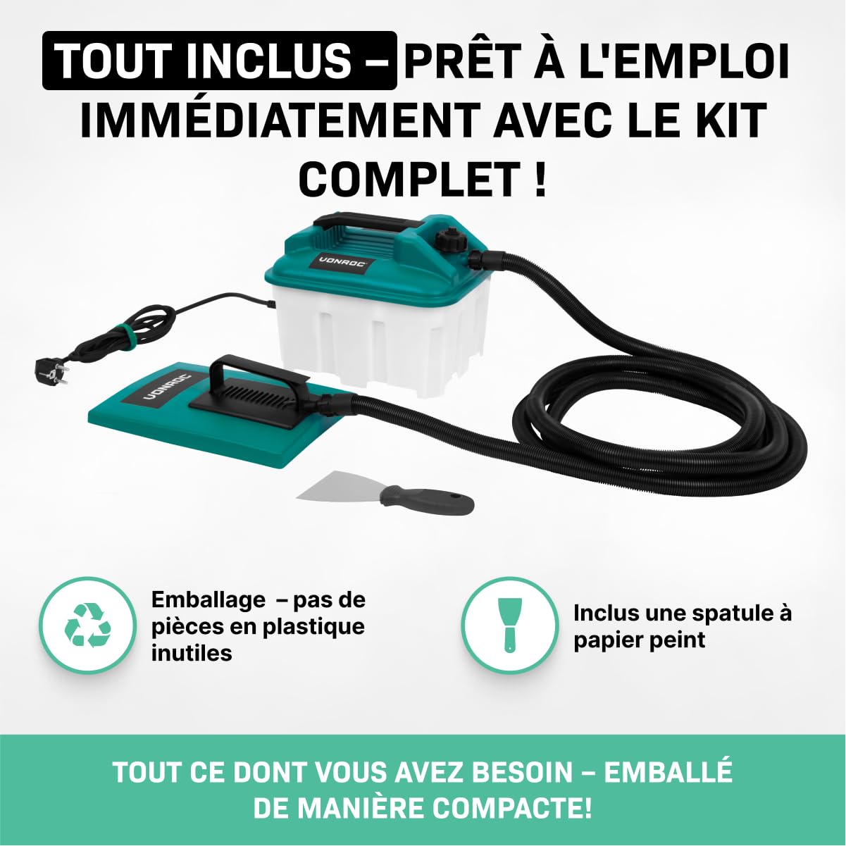 VONROC Décolleuse Papier Peint 2300 W – Réservoir 4,5 L – Tuyau 4 m – Spatule Incluse – Plaque Vapeur Standard et Compacte – Indicateur de Niveau d’Eau – Decolleuse Rénovation Murale Papier Chambre