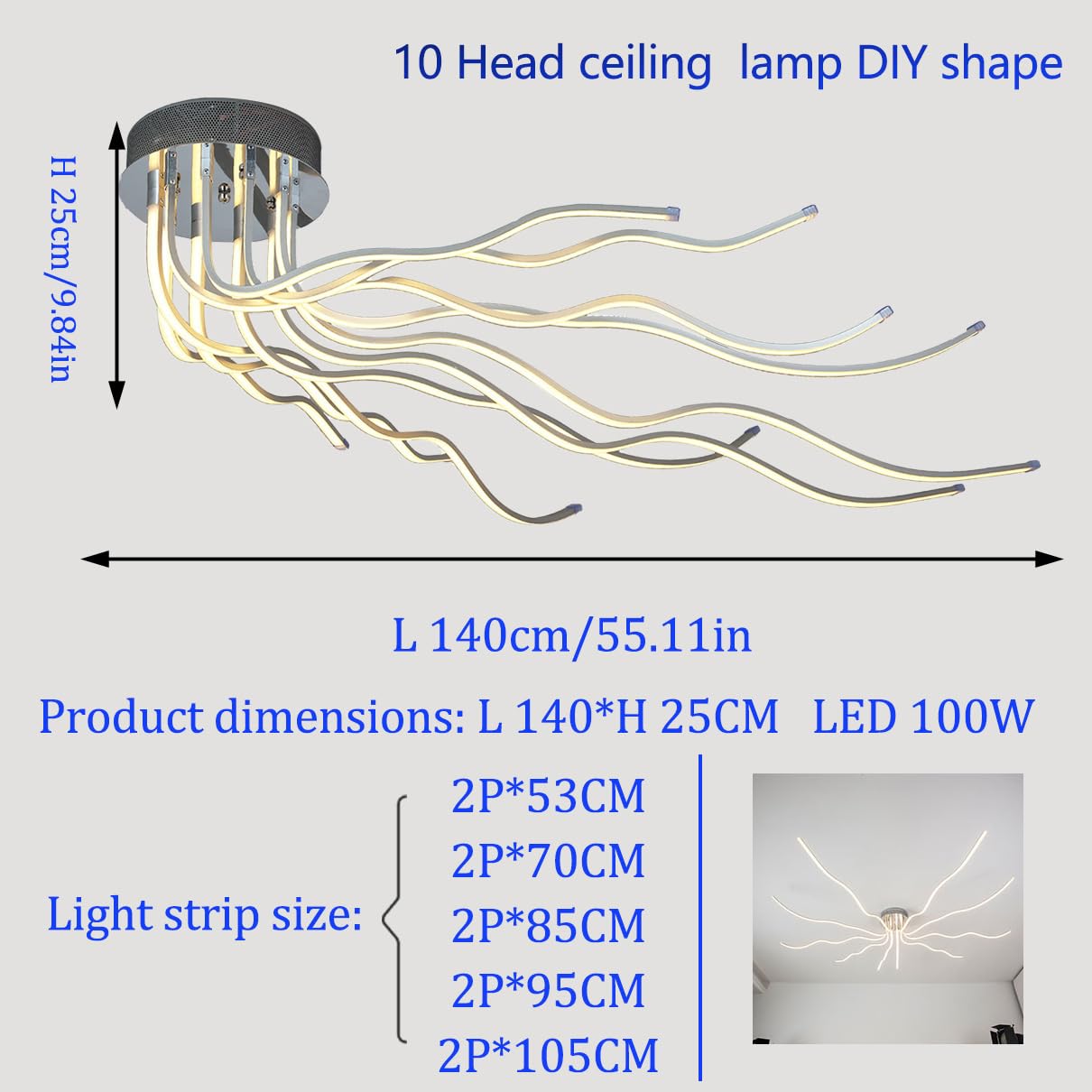LED DeckenleuchteWohnzimmerlampe,10 Flammige Dimmbar Deckenlampe Wohnzimmer mit Fernbedienung, Die Form kann frei geändert werden, Deckenleuchte Wohnzimmer Modern Groß modisch und einfach Ø140cm
