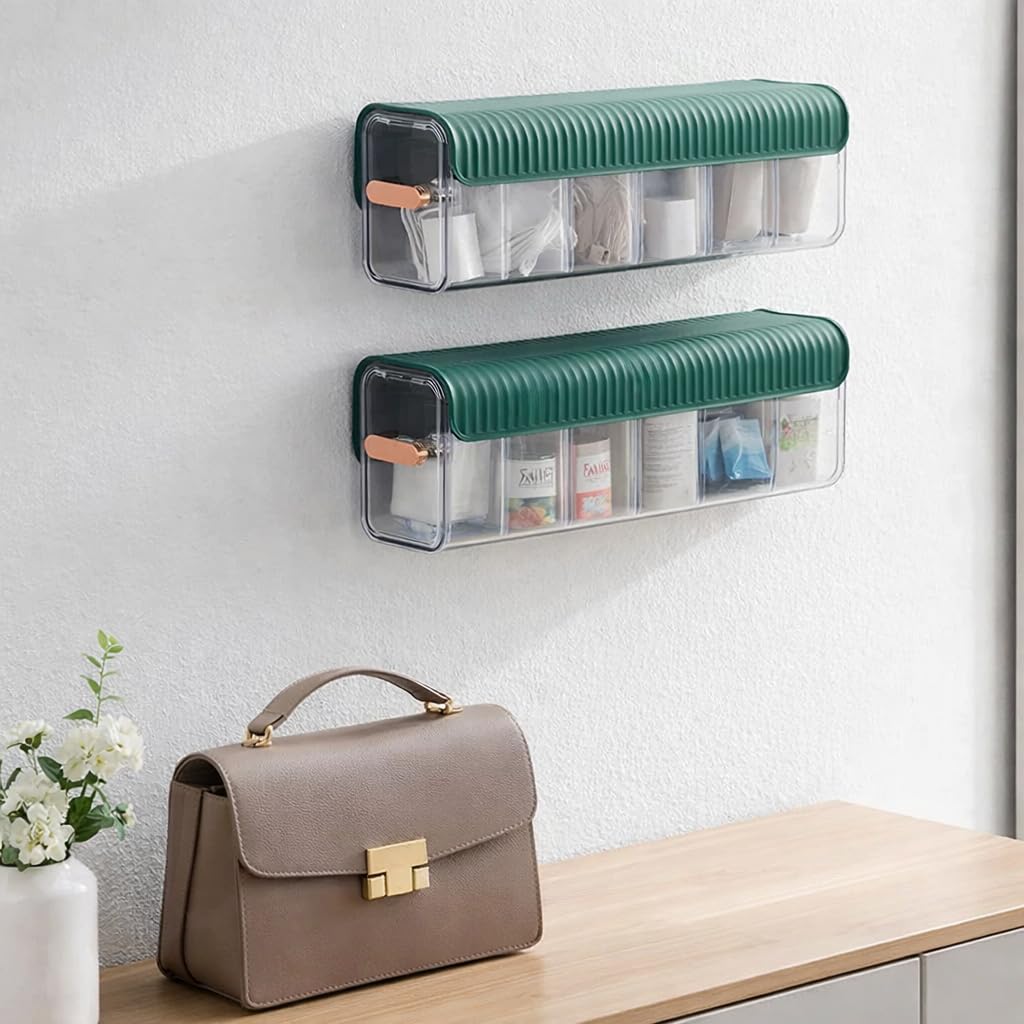 Punch-Free Wall-Mounted Storage Box, Clear, 6 Slot Organiser for Socks, Accessories, Cables-image-44