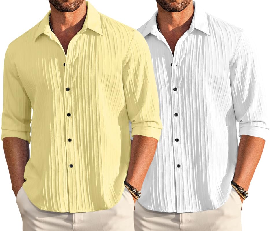 Image of FINIVO FASHION Men's Cotton Blend Shirt Set Lightweight, Full Sleeves, Plain Texture, Button Closure, Summer Ready (Pack of 2)