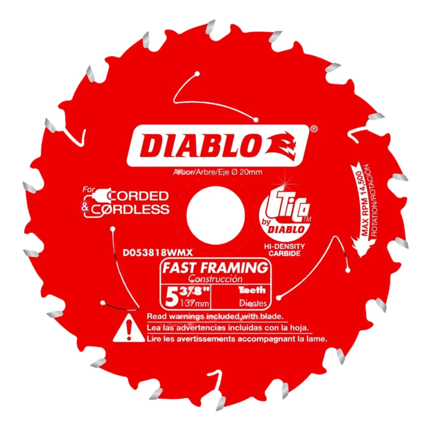 Diablo Fast Framing Saw Blade for Wood - 5-3/8" Diameter, 18 ATB Teeth, 20mm Arbor, .049" Kerf, 18° Hook Angle, .039" Plate, 14500 Max RPM -