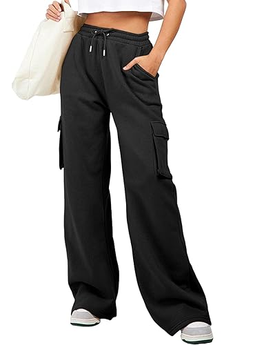 Aleumdr Women High Waisted Drawstring Wide Leg Cargo Pants 2025 Trendy Casual Baggy Joggers Pants with Pockets - Small - Black