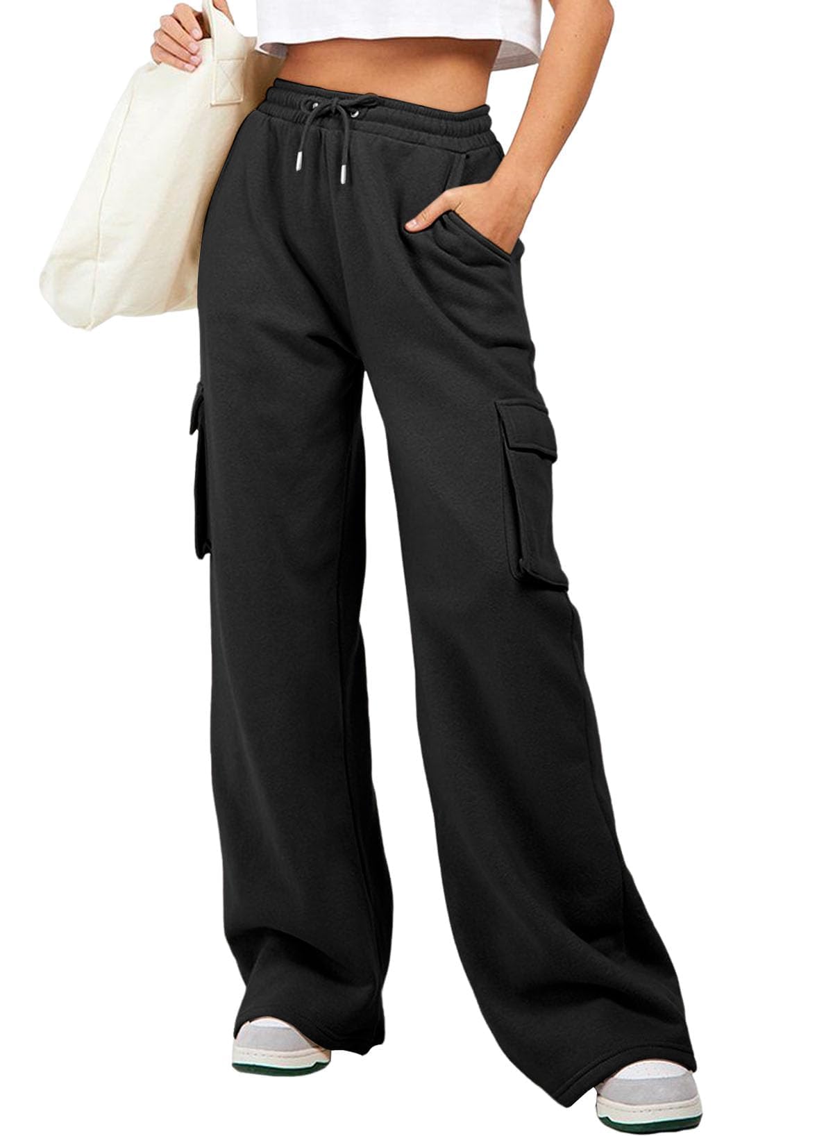 Aleumdr Women High Waisted Drawstring Wide Leg Cargo Pants 2025 Trendy Casual Baggy Joggers Pants with Pockets