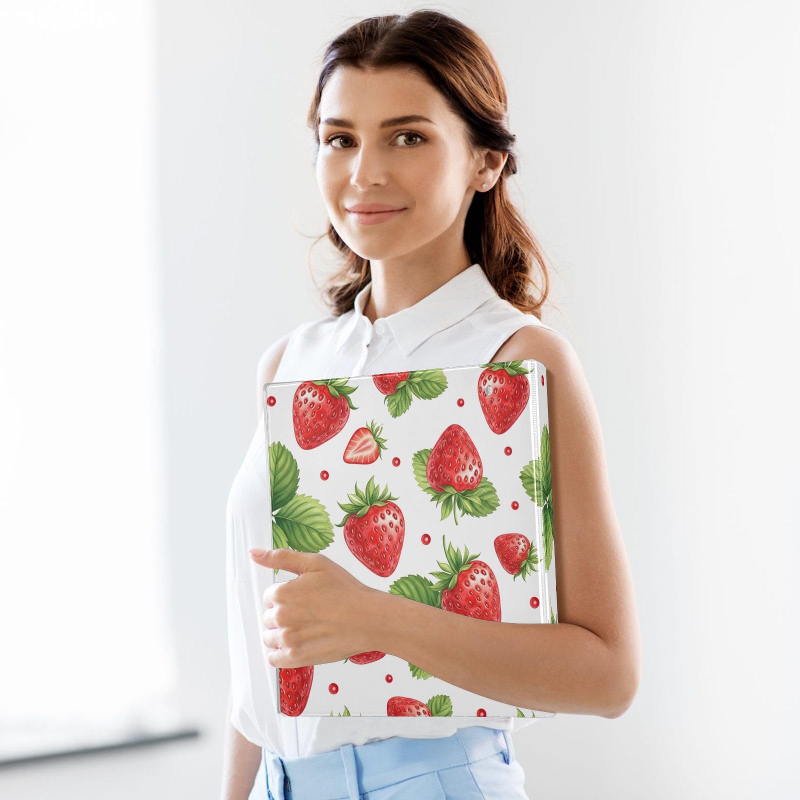 Confezione da 2 raccoglitori ad anelli con 3 anelli, motivo fragole, rosso e bianco, con tasche, grandi, per scuola, università, ufficio