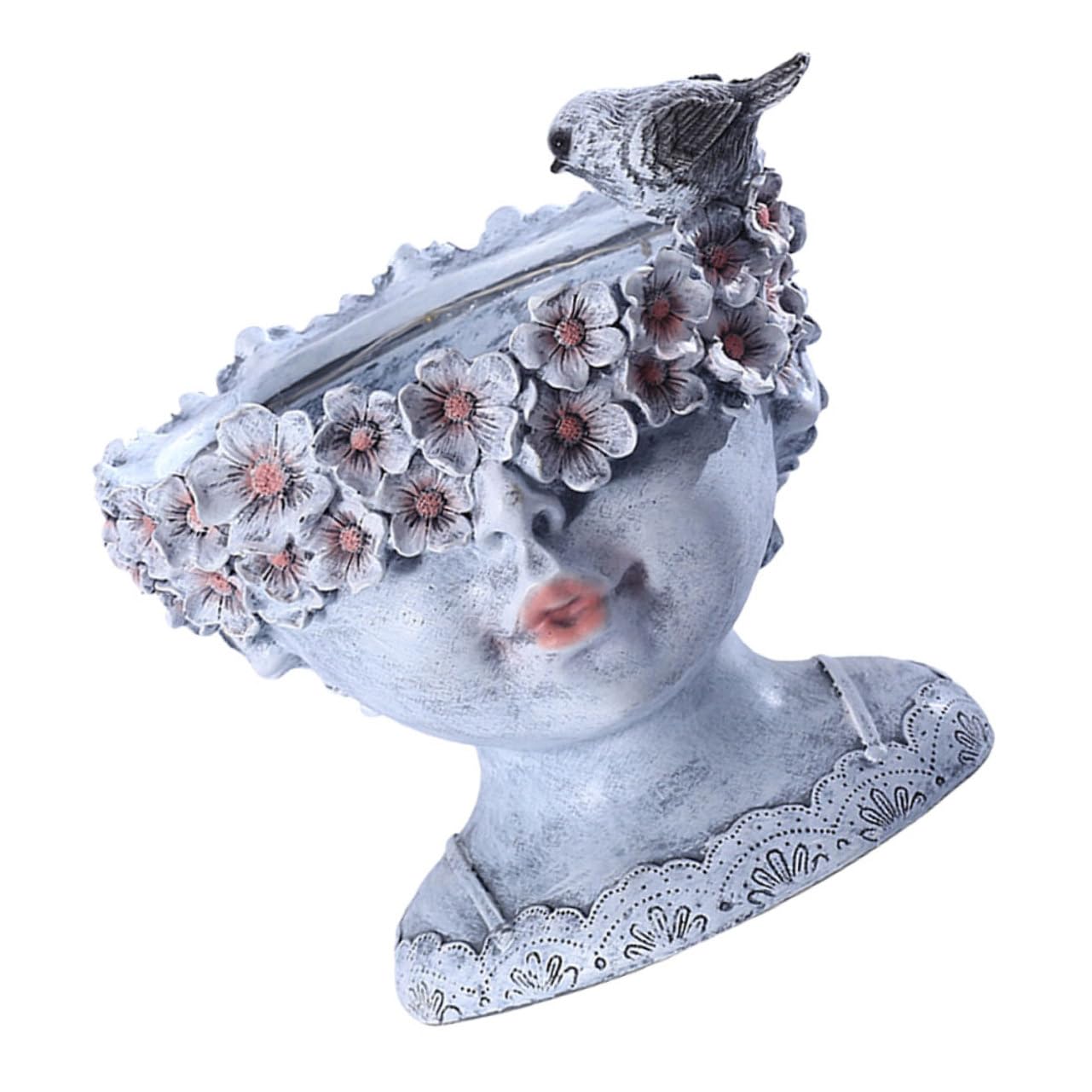 Toyvian Pot de Fleurs Solaire Visage de Jeune Fille pour Jardin et Balcon, Pot en Résine Gris Moyen, Décoration Extérieure Lumineuse et Créative, Ornement Artistique Moderne