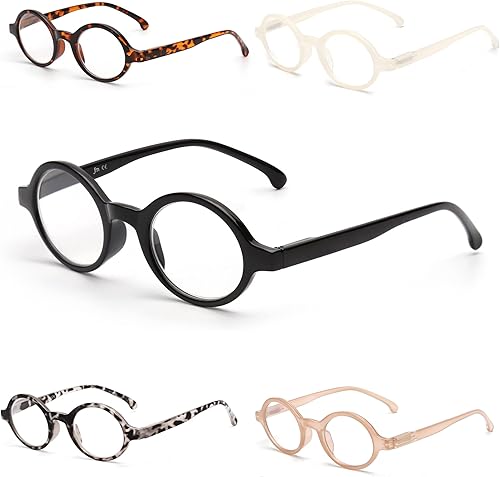 JM 5 Pack Round Reading Glasses Spring Hinge Readers Men Women Glasses for Reading