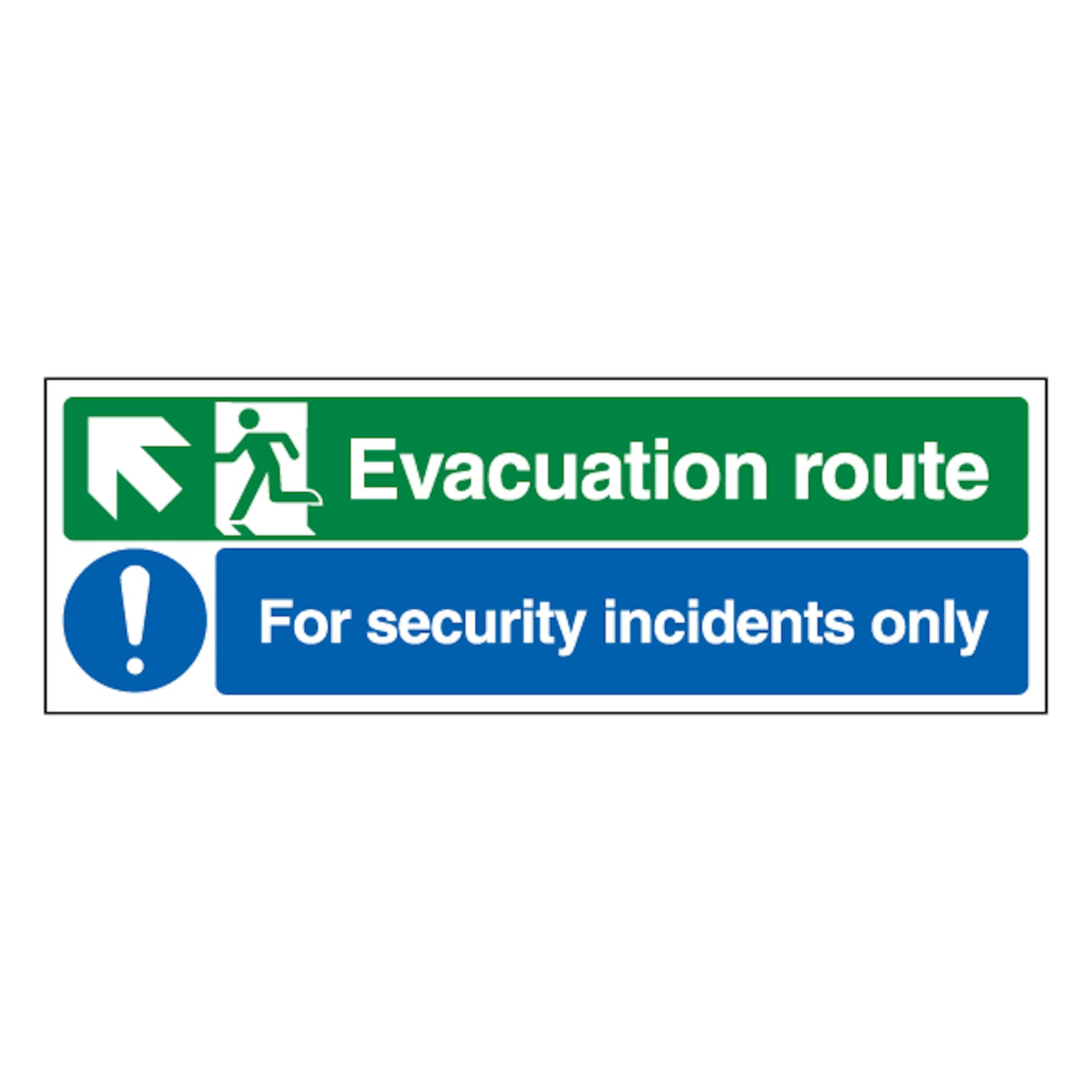 V Safety Evacuation Route Arrow Up Left/Security Incidents Only 450 x 150 mm - 1mm Rigid Plastic Safety Sign