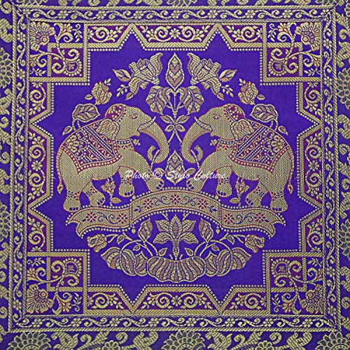 Image of Decorative Brocade Cushion Covers 16 Inch x 16 Inch Banarasi Jacquard Purple & Gold Living Room Decor Elephant Traditional Square 40x40 cm Zippered Sofa Settee Pillowcases -Set of 5 Pcs