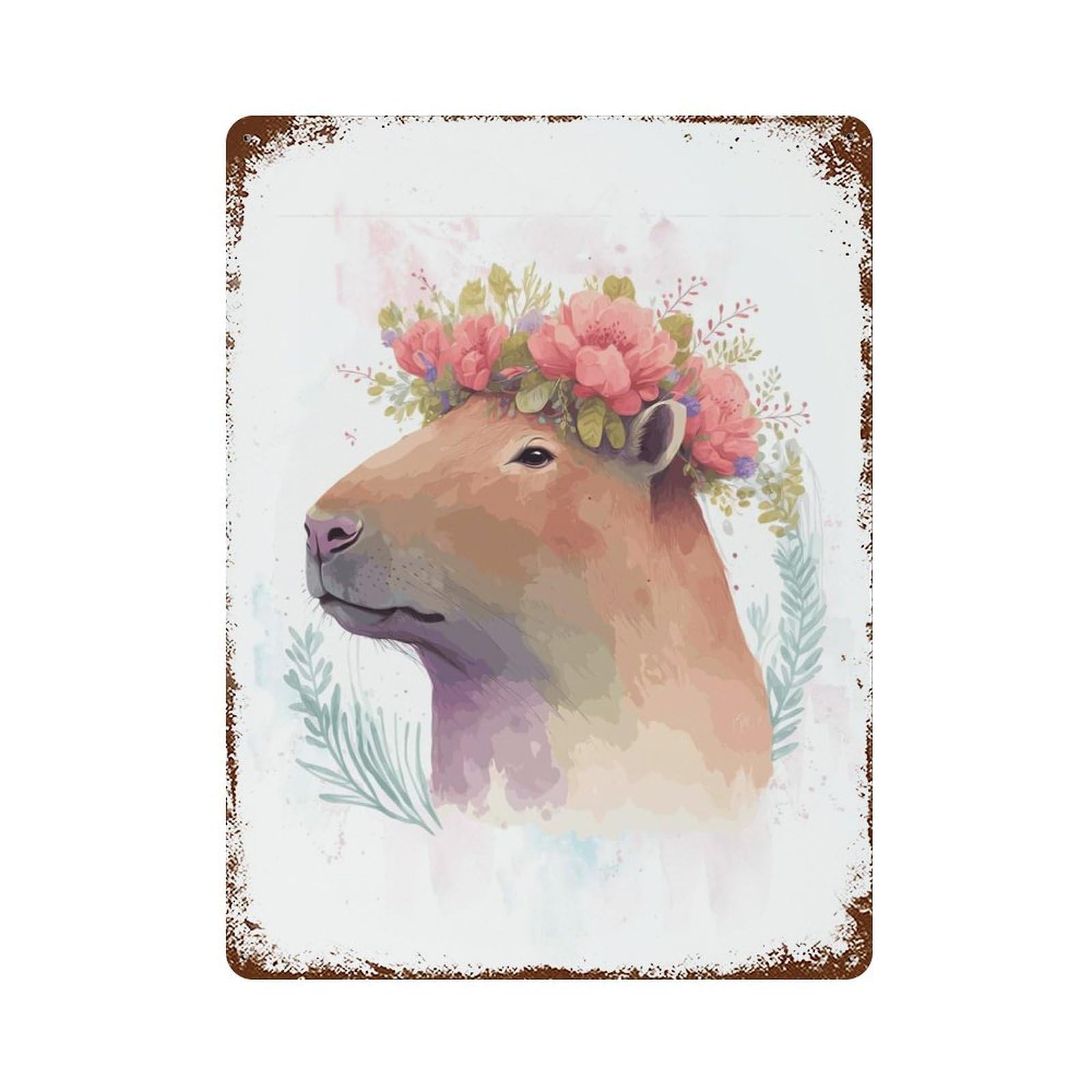 Watercolor Capybara Art Rust Effect Tin Sign 15.7"x11.8", Industrial Home Decor for Basement, Hobby Room And Garage Decor