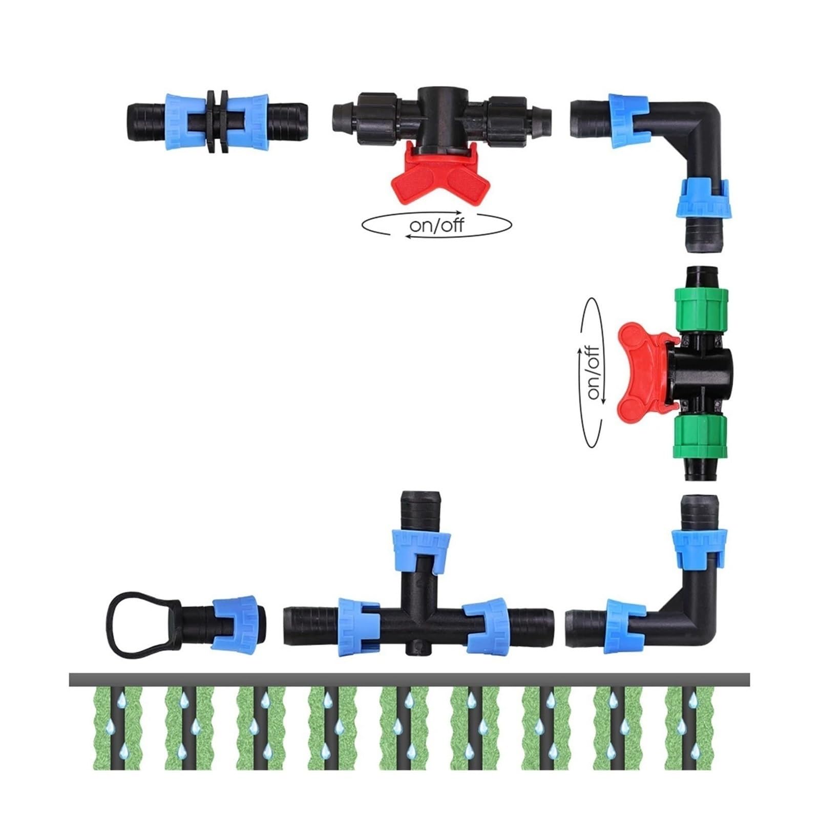 Conectores de cinta de goteo de 16 mm, adaptador de acoplamiento for tubería de jardín, manguera de riego por goteo, accesorios de bloqueo de rosca, codo de cierre, tapón de extremo en T(I,50pcs)