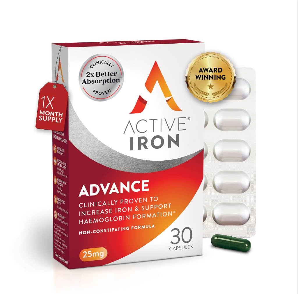 Active Iron Advance Supplement 25 mg, Non Constipating, Clinically Proven to Increase Iron Levels, Fights Tiredness & Fatigue, 30 Capsules, 1 Month Supply