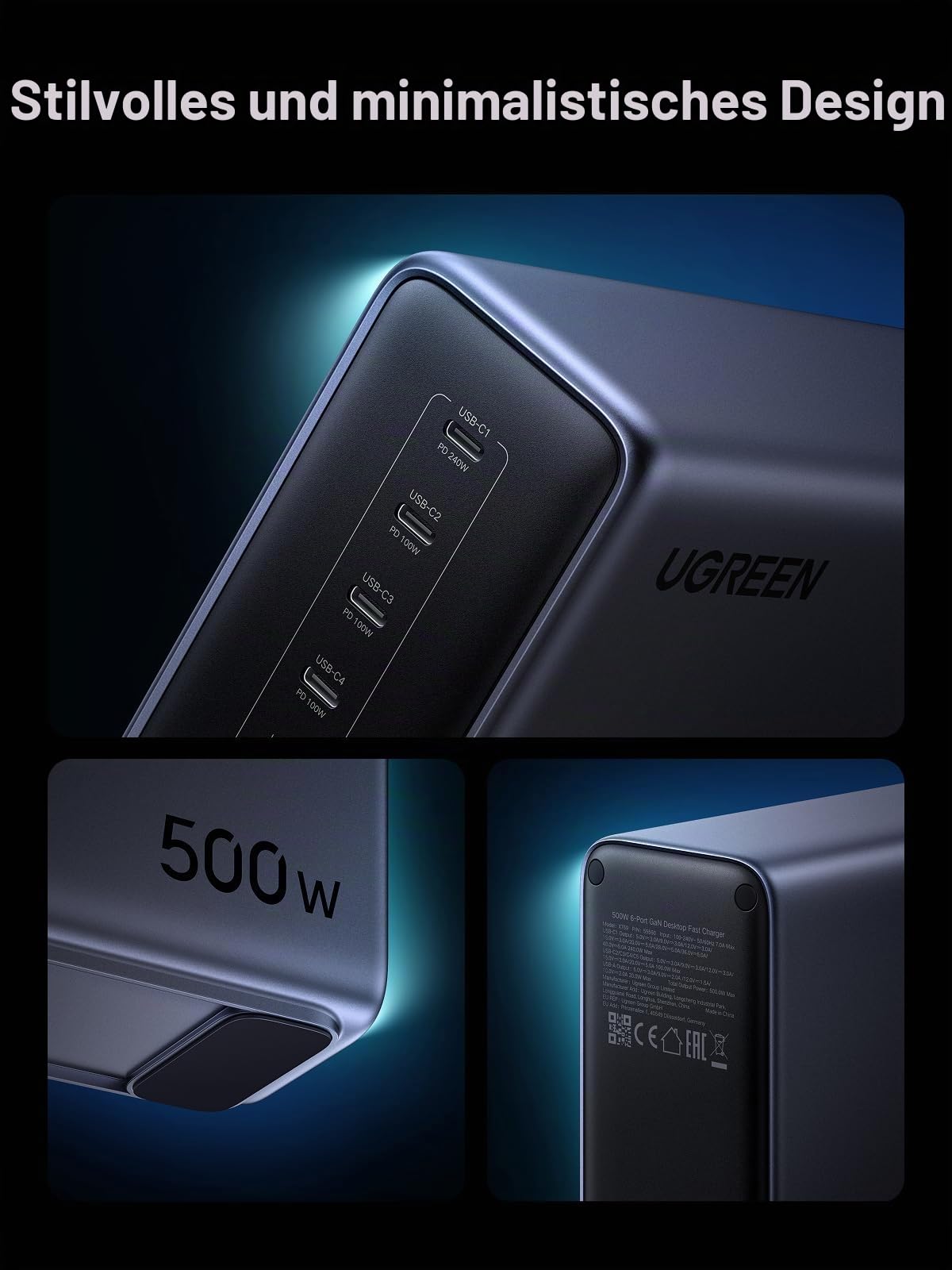 UGREEN Nexode 500W GaN Schnellladestation Ladegerät Aufladestation - 6 Ports USB-C & USB-A, 240W Single Port, Smart Temperaturkontrolle, platzsparendes Design, für Laptops, Handys und mehr