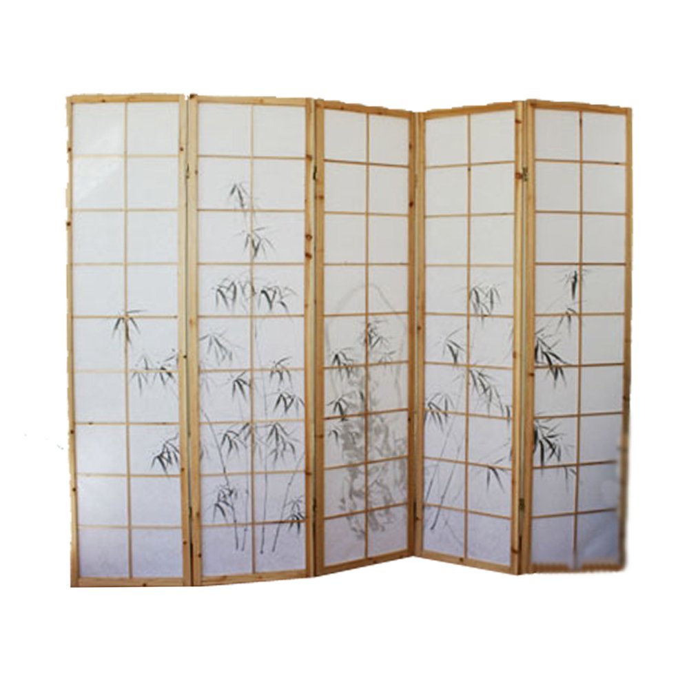 PEGANE Paravent Japonais en Bois Naturel avec Dessin Bambou 5 Panneaux