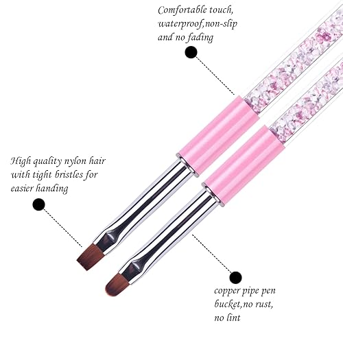 Miniatura 4 de Juego de 2 cepillos de uñas de gel UV ovalados y planos, mango de diamantes de imitación, pinceles profesionales de diseño de uñas, color rosa,