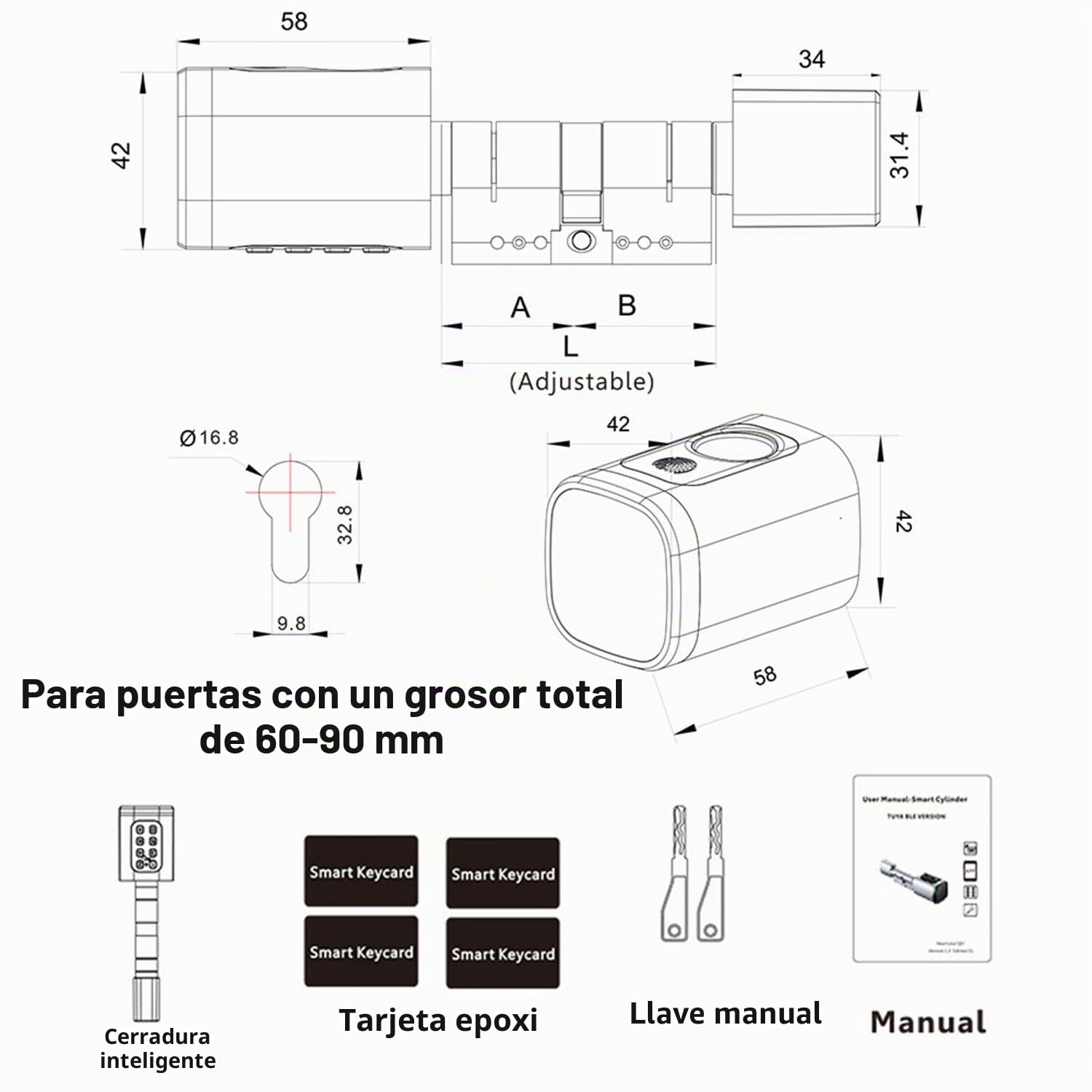 Cerradura Inteligente,Cerradura Con Huella Digital,Cilindro De Cerradura Ajustable 60-90mm,Con Tarjeta Rfid x4,App,Bluetooth,Teclado,Smart Lock Con Código Pin,Smart Lock Con Código Pin(Negro)