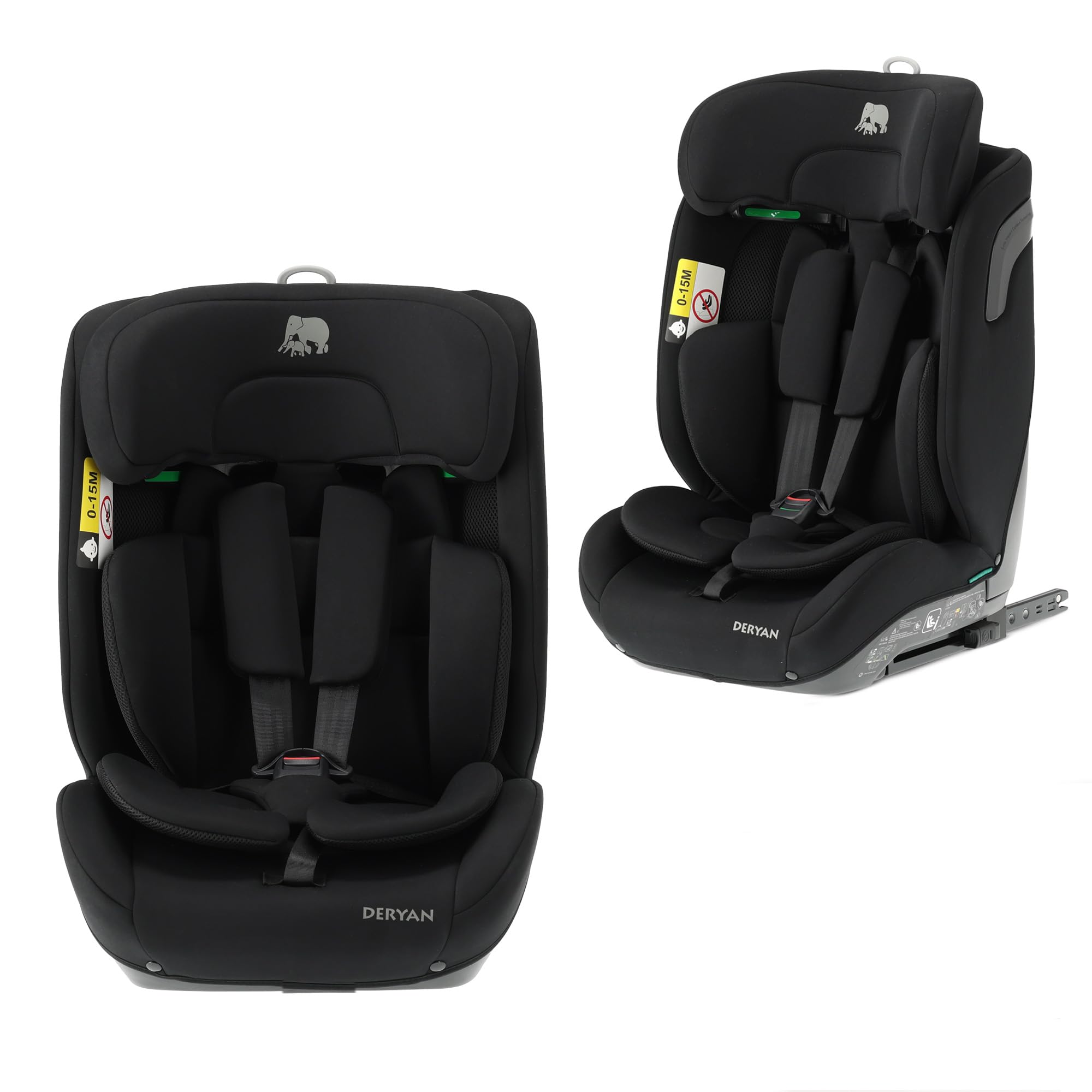 DERYAN Carter i-Size - Seggiolino auto per bambini, 9-36 kg, 76-150 cm, con Isofix, gruppo 1/2/3, schienale e poggiatesta regolabili, sistemi di sicurezza speciali, facile da trasportare, nero