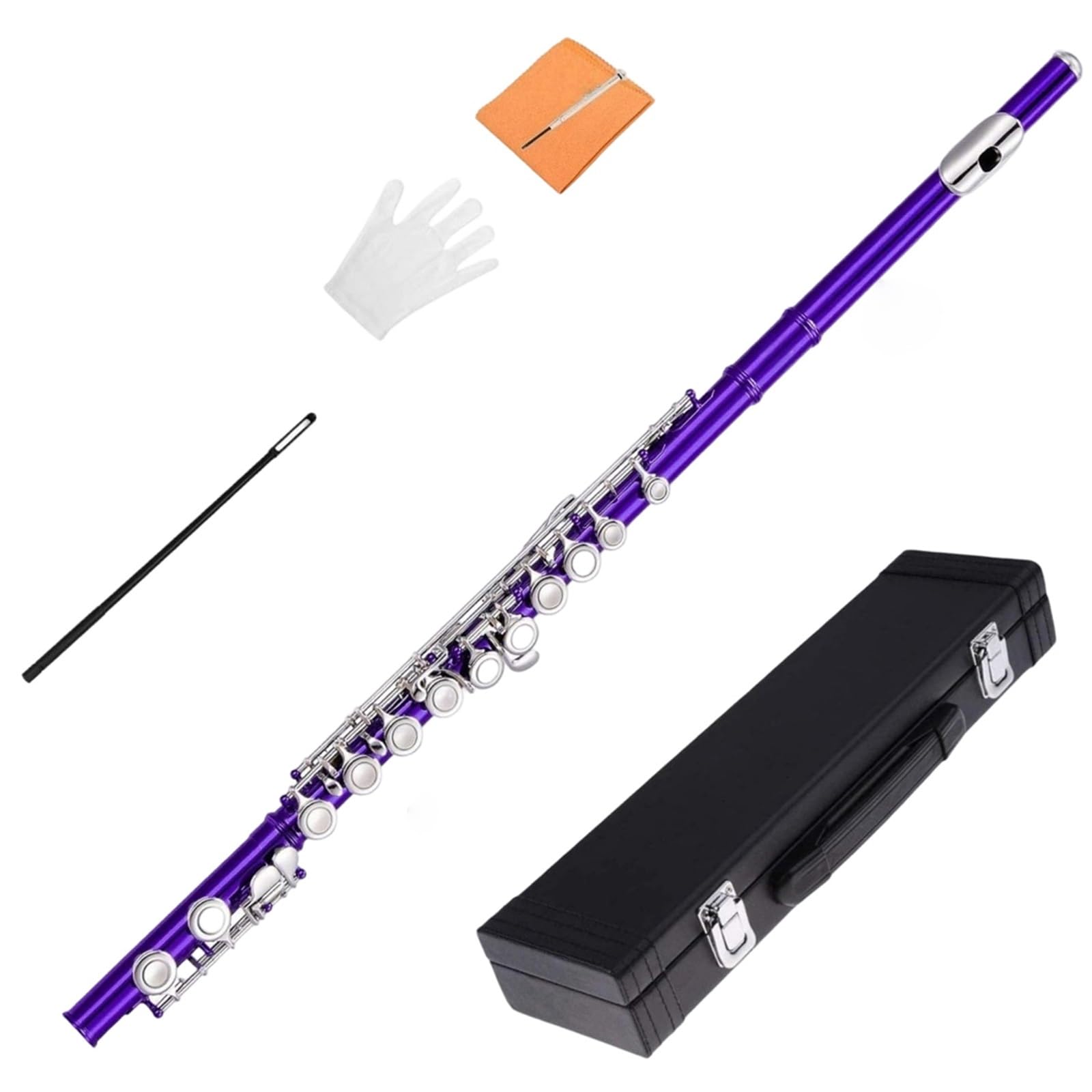Flet Instrumenty Muzyczne Standardowy 16 Zamkniętych Otworów W Tonie C Niklowany Flet E Profesjonalne Wykonanie Trwałe(Purple)