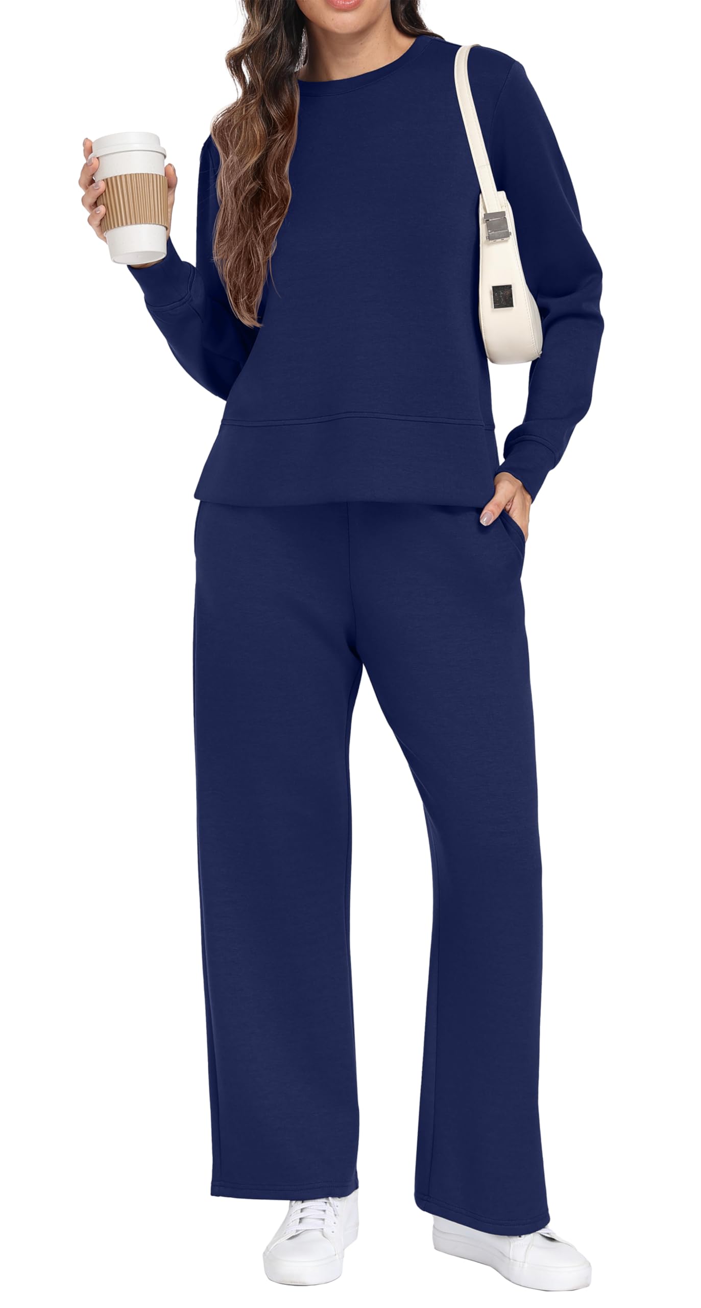 GRECERELLE Survêtement deux pièces pour femme - Tenue d'automne à manches longues pour femme - Pull décontracté à col rond et pantalon de jogging avec poches