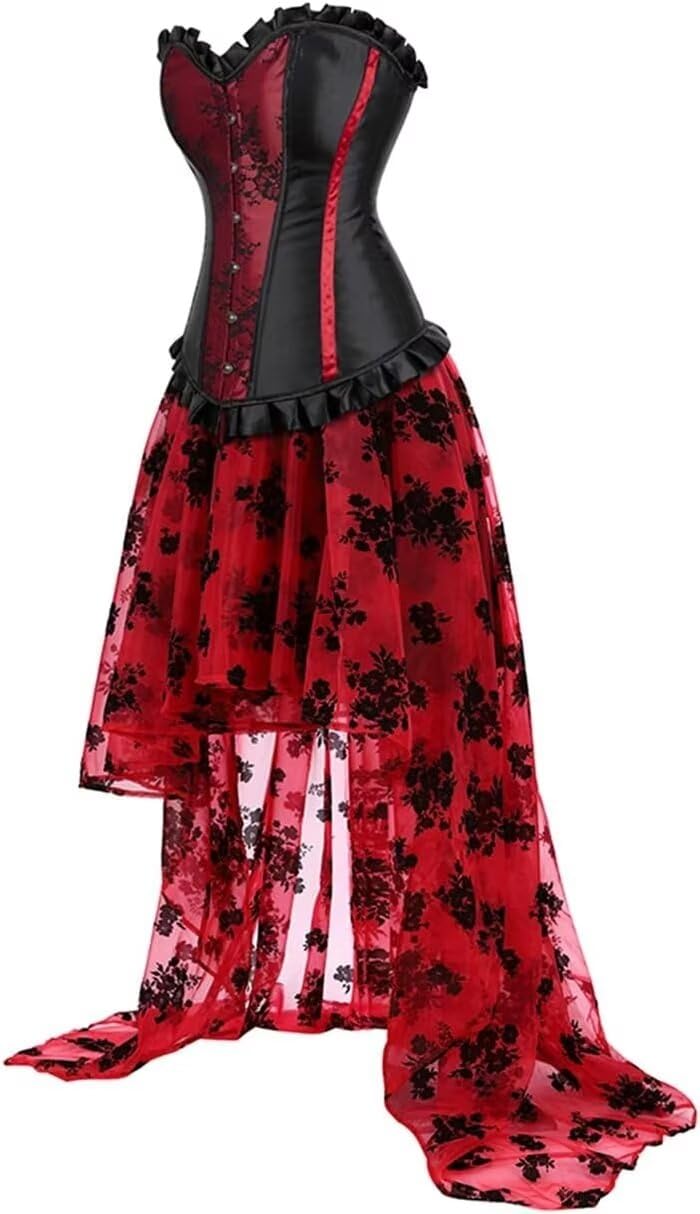 Corset Dress Skirt Long Asymmetry Women Lace pu Bustier Gothic Lingerie Plus Size