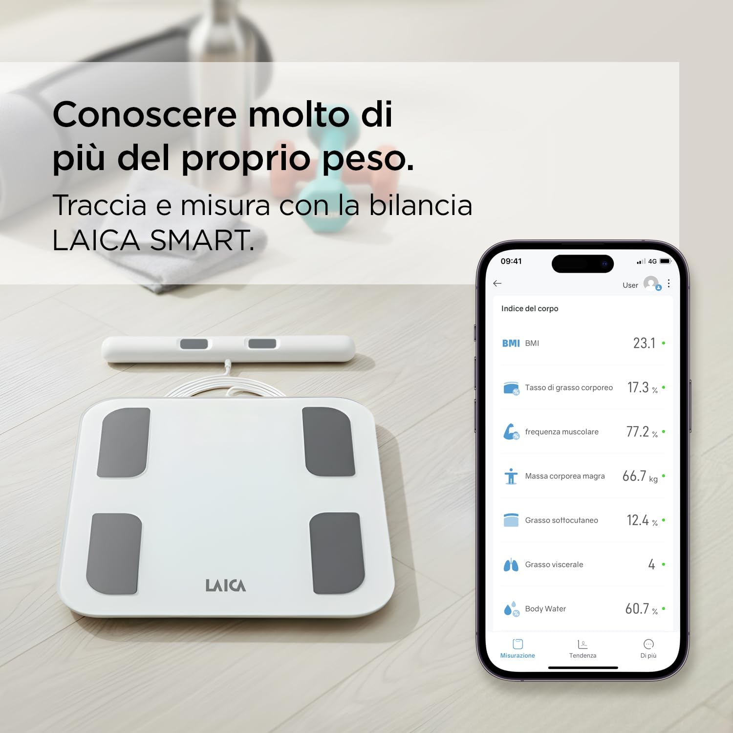 LAICA SMART Bilancia Personale-Traccia 30 Parametri Corporei-8 Elettrodi-Composizione Corporea Completa-BMI, Massa Muscolare e Altro-Sincronizzazione Con l'app Fitdays+-Supporto Multiutente-180kg
