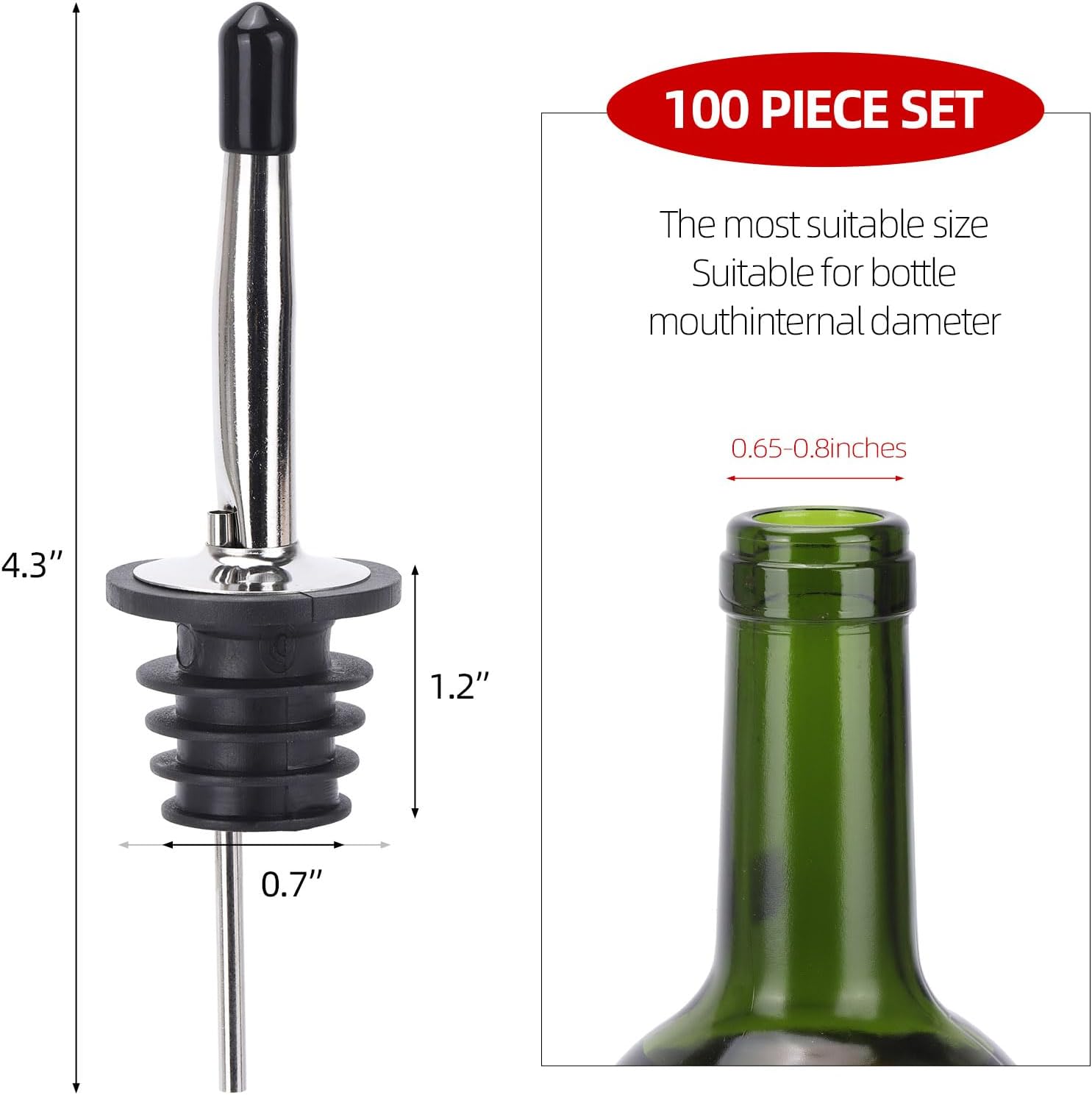 100 Pack Liquor Pour Spout, Stainless Steel Liquor Bottle Pourers for Alcohol, Olive Oil, Liquor Pourers with Dust Caps, Home Bar Bartender Accessories