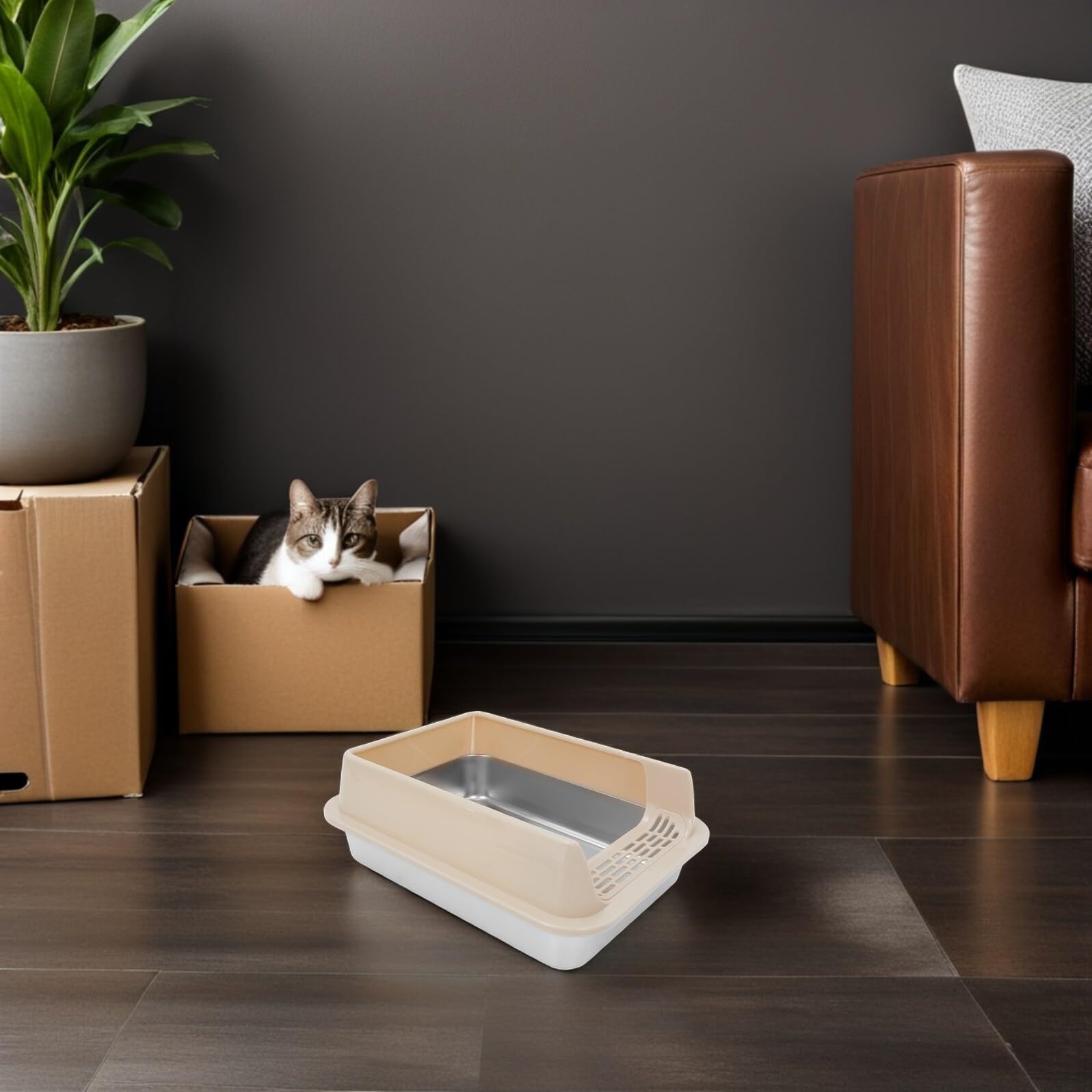 Alasum Edelstahl Katzenstreu Box mit Deckel und Schaufel Hohe Seiten Geschlossene Metall Katzentoilette Auslaufsicher Mittelgroß Khaki für Wohnung Reise und Innenbereich