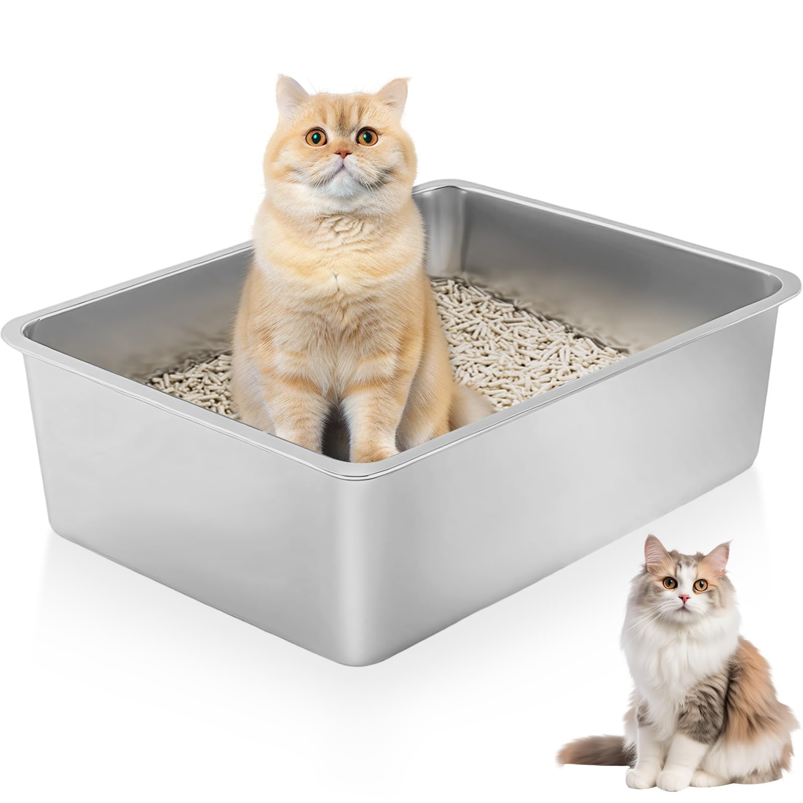 Lettiera per Gatti Acciaio Inox, Lettiere Aperta Grande, Cassetta per Gatto Antiaderente, Vaschetta Gatti Antiruggine, Antiodore, Spaziosa, Facile Pulire, Buca per Gattini,Conigli Piccoli (50x35x15cm)