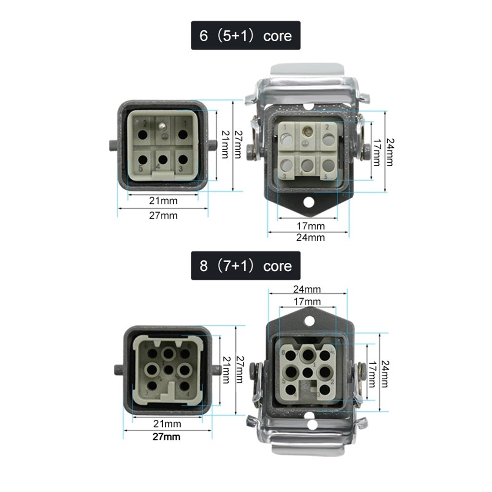 HDC-HA Rechteckiger Hochleistungsstecker, 10 A, 16 A, 4, 5, 6, 8-poliger Kern, wasserdichte Industriesteckdose(Pink)
