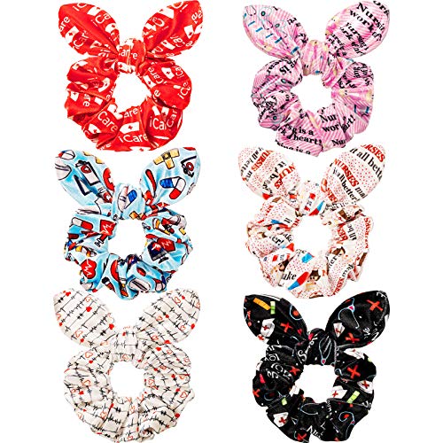 6 Pieces Bow Scrunchies for Nurses, Nurse Hair Ties with Ribbon, Rabbit Ear Bow Bowknot Scrunchies Elastic Hair Ties Bands Nurses Hair Accessories Ponytail Holders for Girls Women