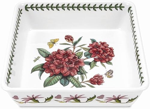 Portmeirion Botanic Garden - Plato cuadrado para hornear  Plato para hornear de 10 pulgadas con motivo de rododendro  Hecho de porcelana  Apto para