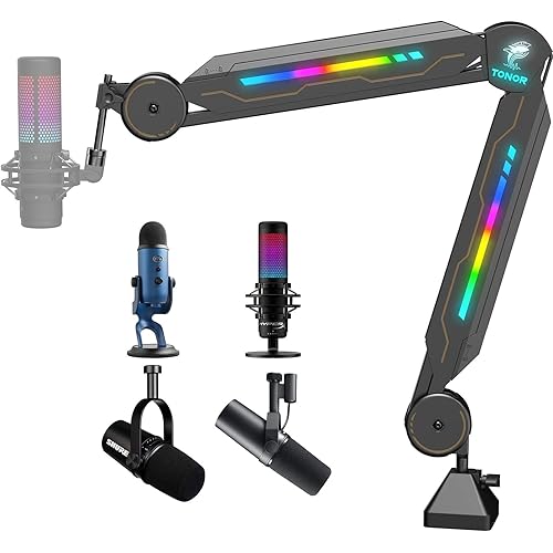 RGB Boom Arm, TONOR Adjustable Mic Stand with RGB Light for HyperX QuadCast/Blue Yeti/Rode NT1, Rotatable Suspension Boom Scissor Stand for Gaming Streaming Podcasting YouTube Recording T90