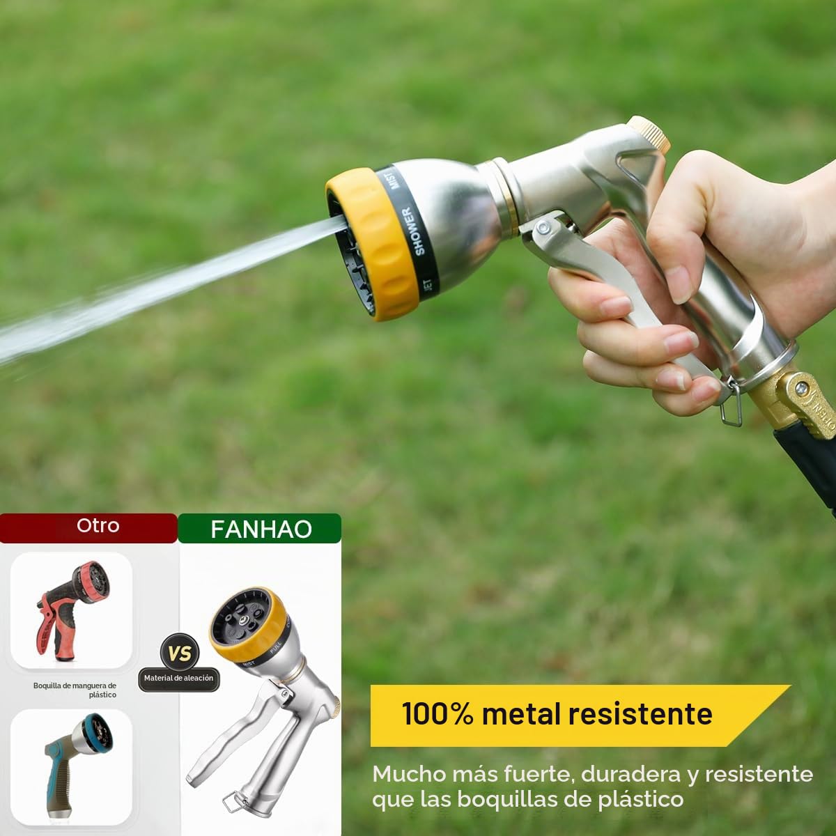 FANHAO Pistola de Riego 100% Metálica, Pistola de Agua para Jardín, 7 Modos Ajustables Pistola de Agua de Jardín de Alta Presión, Para Regar Plantas, Lavar Coches, Duchas Para Mascotas