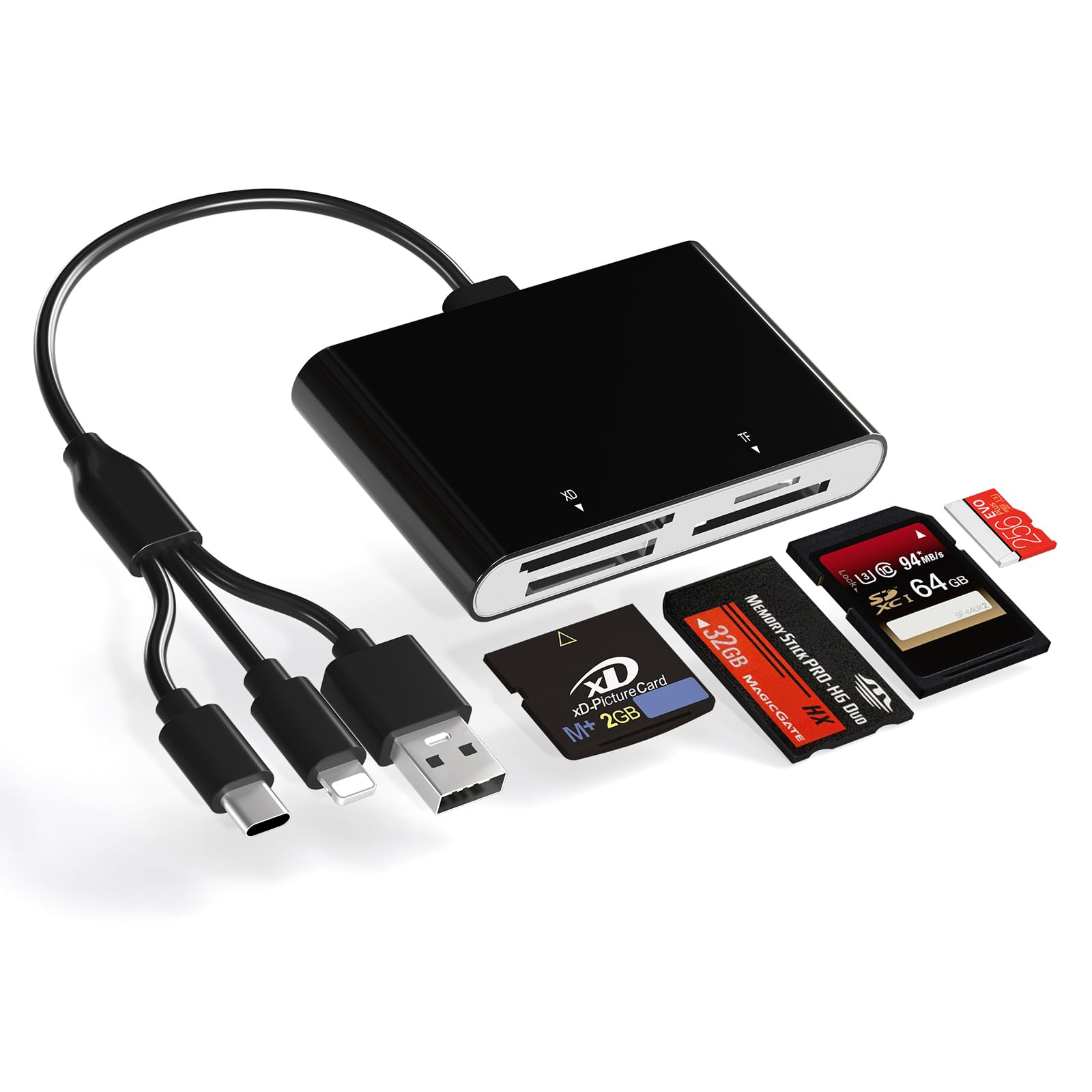 Lecteur de Carte Memory Stick Pro Duo, Lecteur de Carte 4 en 1 SD/TF/MS/XD avec Lightning+USB A+USB C, Lecteur de Cartes Multiples Compatible OTG, Transfert de données Rapide