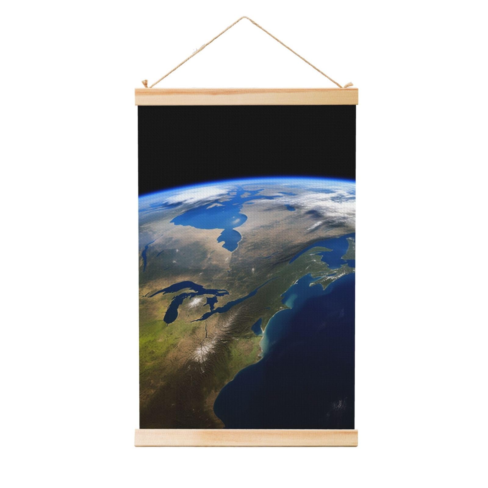 View from Space America Poster Wooden Shaft Hanging Poster Wall Hanging Banner Canvas Artwork with Wood Frames 12"x18" Modern Artwork Decor Ready to Hang Wall Art for Home Decor Scroll Painting