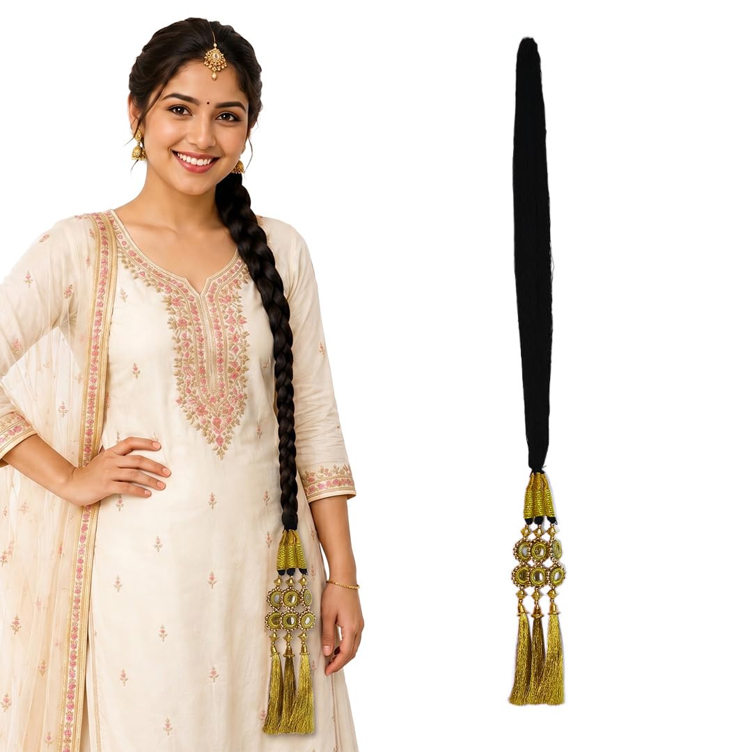 AHS Punjabi Patiala Shahi Parandi for Women & Girls | Traditional Paranda Hair Extension Choti with Tassels | Long Synthetic Braid Hair Accessory for Wedding, Lohri, Giddha, Bhangra, Festival & Bridal Use ((Pack of 1) Golden)-image-29