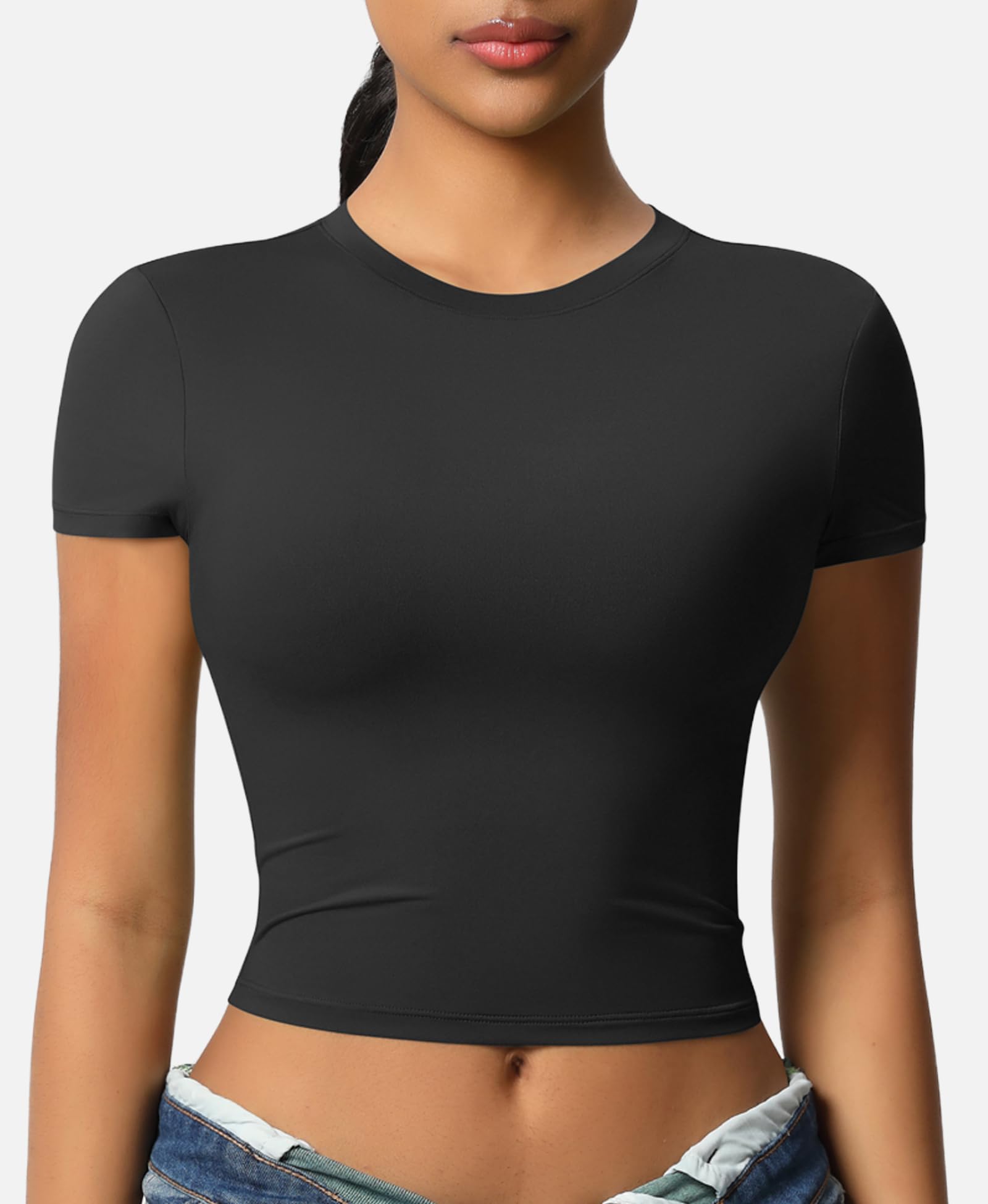 Camiseta Deportiva Manga Corta Mujer Transpirable Running Compresión Cuello Redondo Yoga Fitness Gym Crop Top