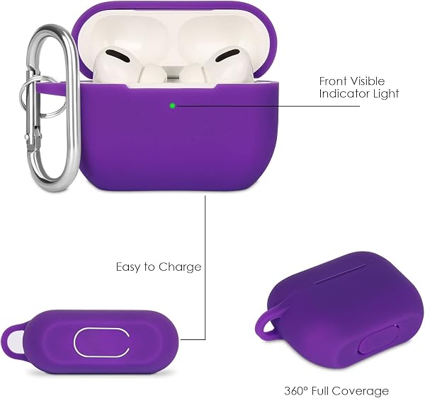 Case Cover Compatible with Airpods Pro, Soft Silicone Skin Case Cover Shock-Absorbing Protective Case for Airpods Pro 2019 with Carabiner, Front LED Visible, Purple - 3