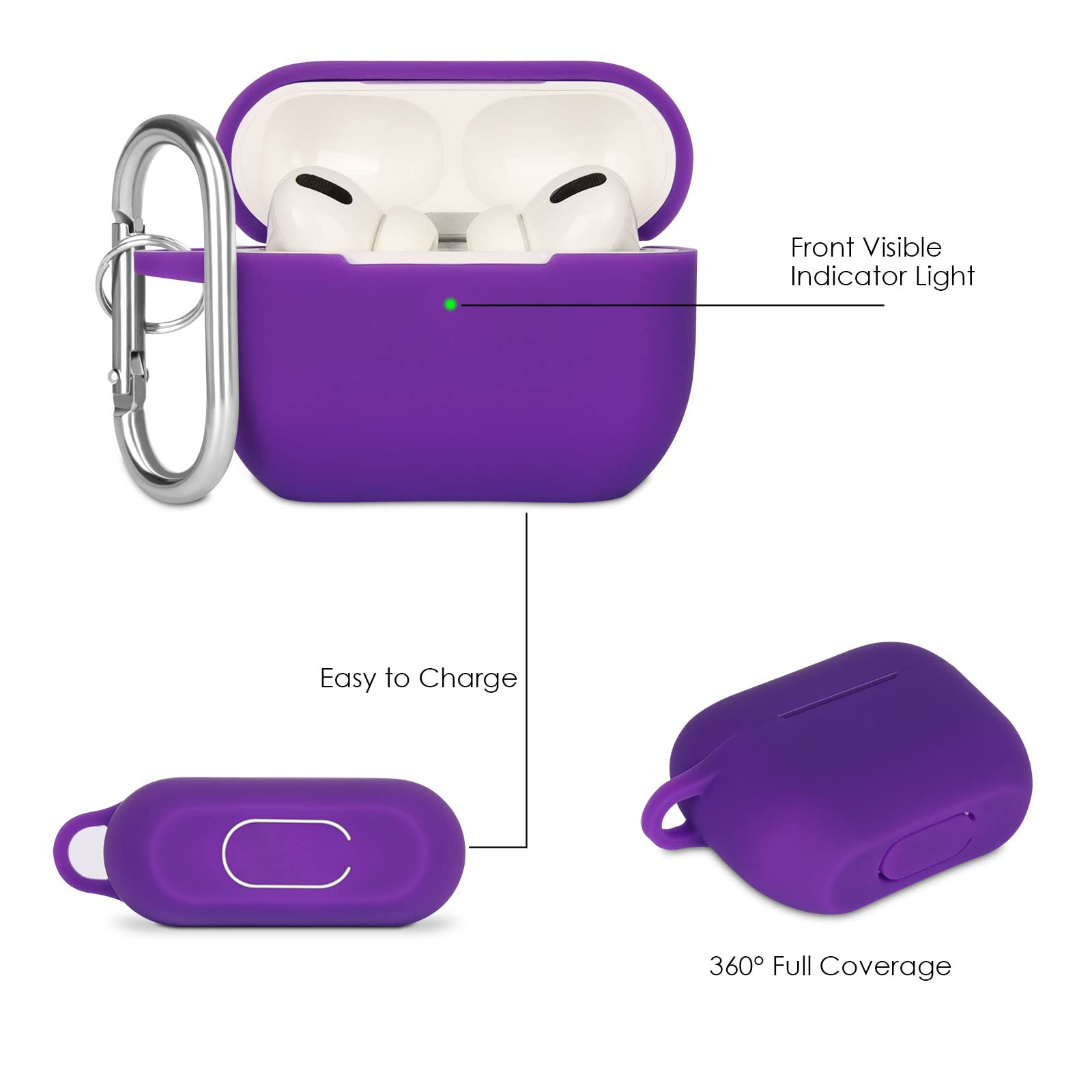 Case Cover Compatible with Airpods Pro, Soft Silicone Skin Case Cover Shock-Absorbing Protective Case for Airpods Pro 2019 with Carabiner, Front LED Visible, Purple — view 3